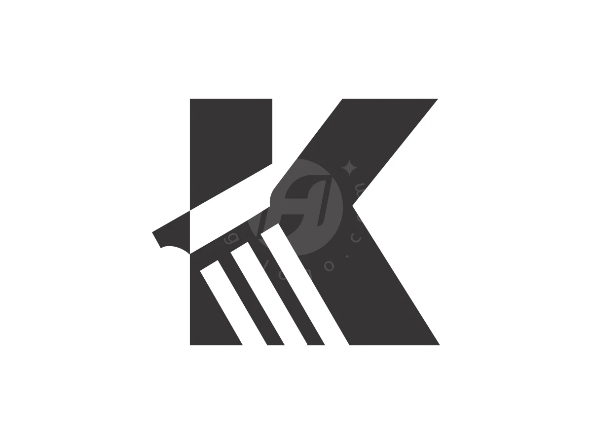 Letter K Pillar Law Or Legal Logo, Diagonal white stripes cut through a bold black geometric letter K set against a plain white background.