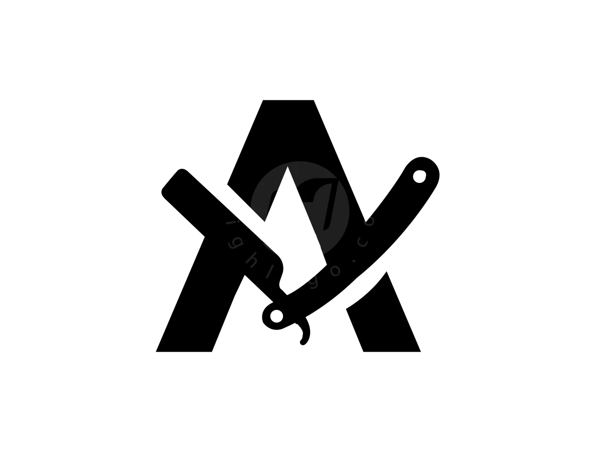 Simple Monogram Letter A Scissors Barber Logo, Intersecting a bold black capital letter A, an open straight razor silhouette forms its central crossbar on white.