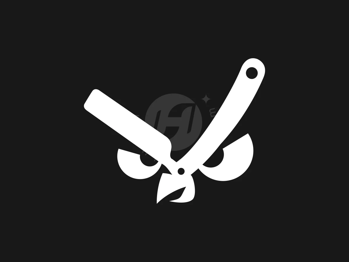 Owl Razor Or Barber Shop Logo, Straight razor handles and blades cleverly form an owl face in solid white against a black background.