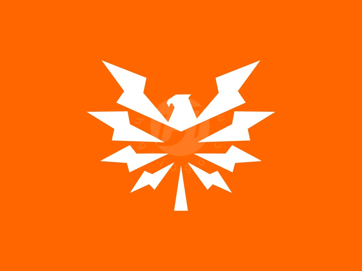 Simple Storm Or Electrical Eagle Logo, Set against a solid orange background, jagged white lightning bolt shapes create a stylized eagle with spreading wings.