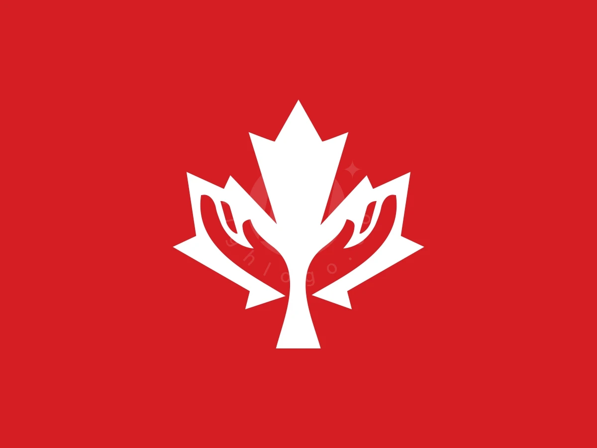 Simple Canadian Hand Care Or Foundation Logo, Set against a vibrant red backdrop, a white stylized maple leaf seamlessly incorporates two cupped red hands within.