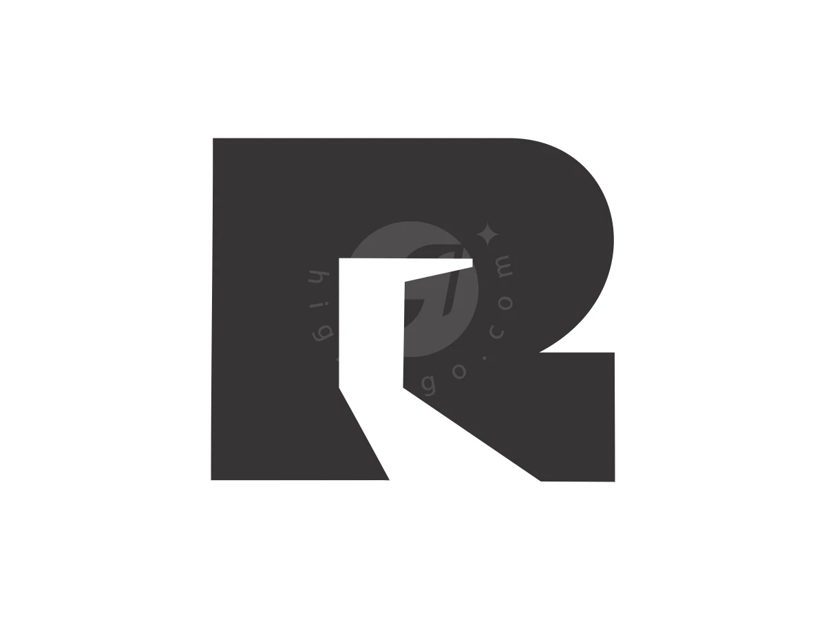 Simple Letter R Door Open Logo, Negative space forms an open doorway inside a bold dark grey letter R against a solid white background.