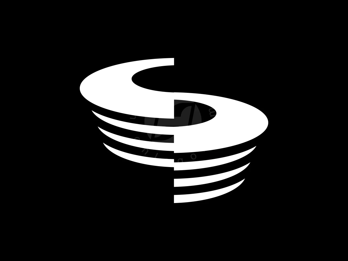Simple Letter S Stadium Logo, Ribbons of white construct a split, layered letter S shape against a dark black background.