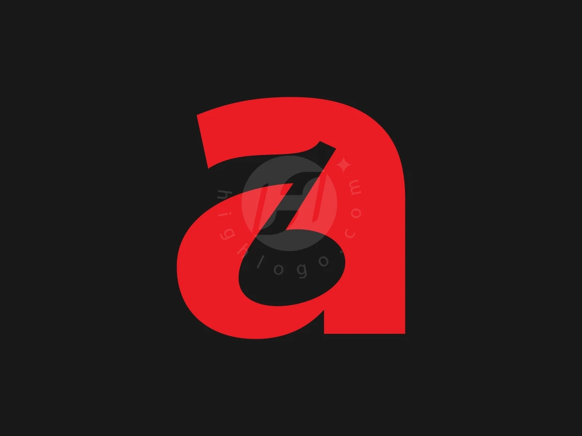 Letter A Music Note Monogram Logo, Red lowercase letter 'a' merges with a stylized black letter 'z' inside, set against a solid dark background.