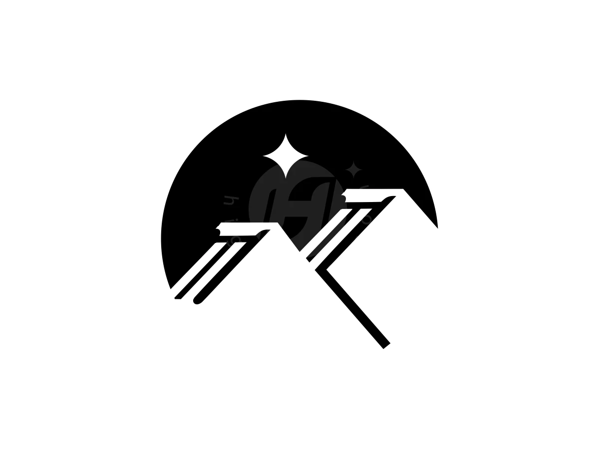 Simple Mountain Law Or Peak Pillars Logo, Rooflines with sharp geometric angles sit below a black semi-circle containing a four-pointed star on white background.