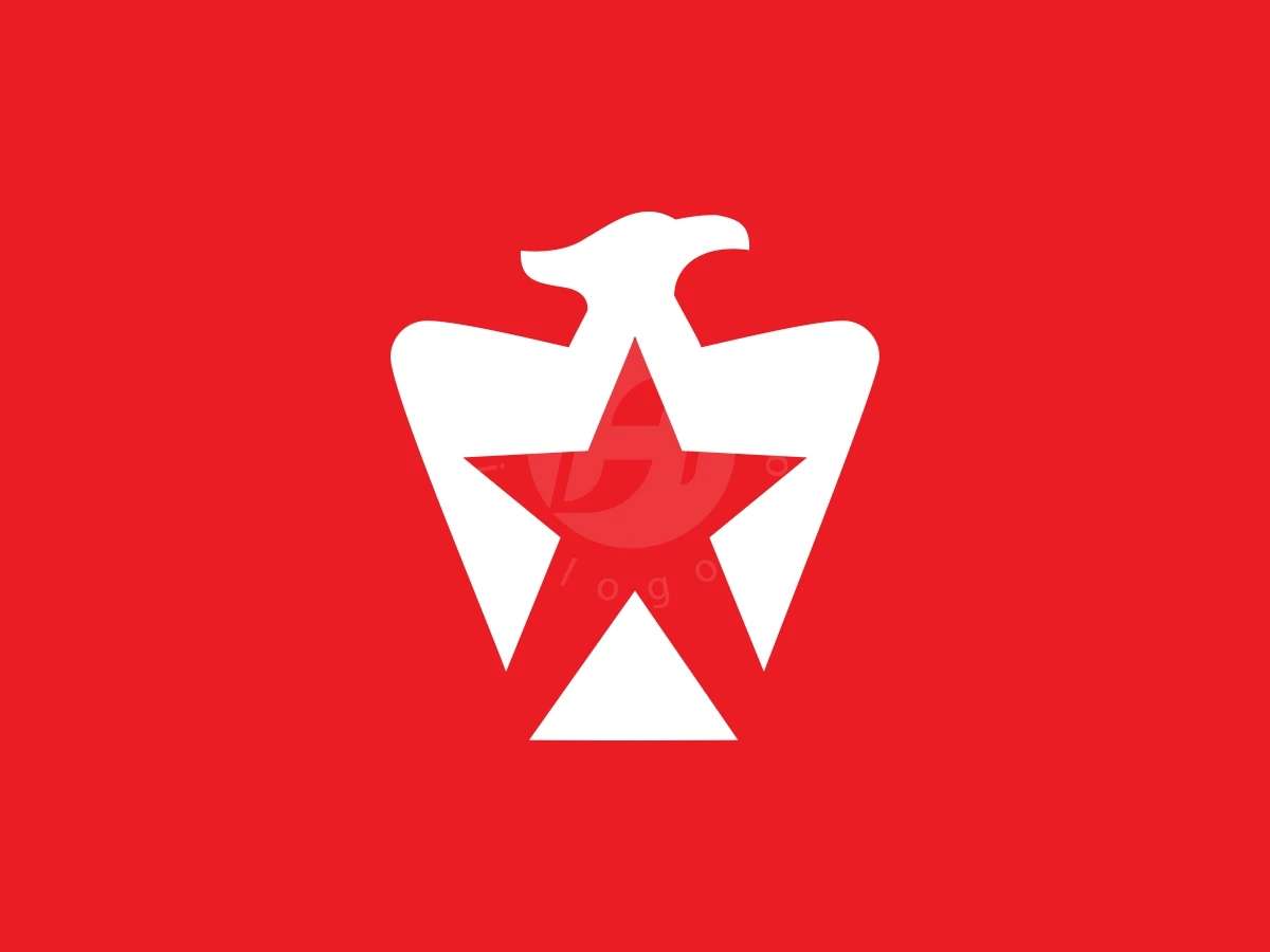 Simple Star Eagle Or American Patriot Eagle Logo, Set against a bright red background, a white stylized eagle silhouette incorporates a central red five-pointed star.