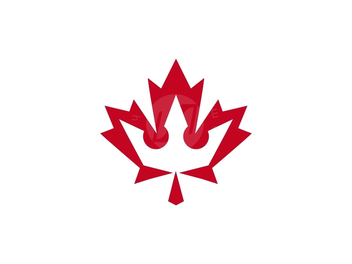 Simple Maple Leaf Crown Or Canadian Crown Logo, Negative space forms a white crown shape inside a crimson red maple leaf against a plain background.
