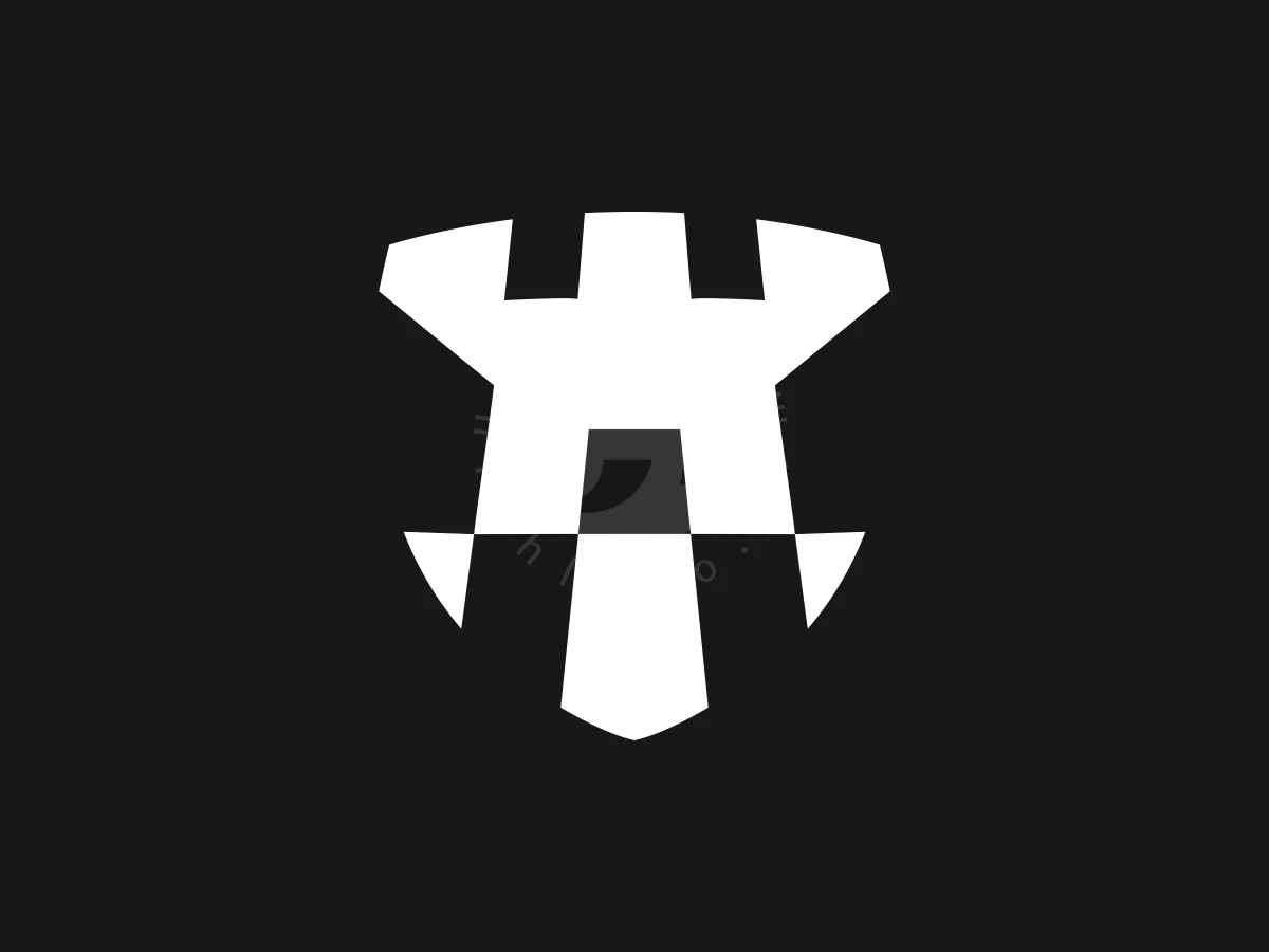Castle Shield Or Secuirty Simple Logo, Geometric white shapes form a fortress tower and shield crest centered against a stark black background.