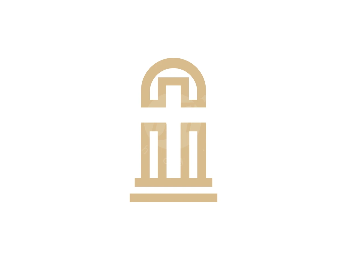 Window Church Or Door Church Logo, Gold geometric lines form an arched church pillar incorporating a negative space Christian cross against a white background.