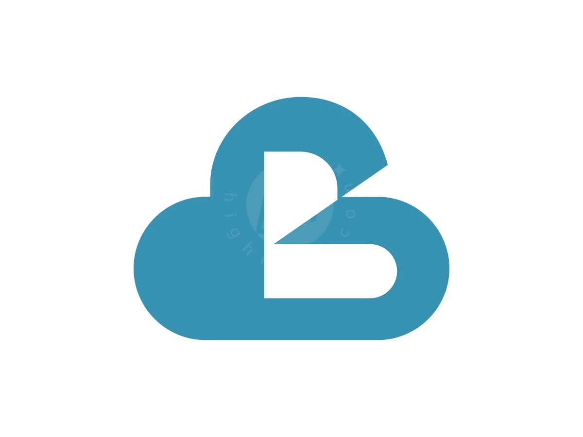 Simple Letter B Cloud Techno Logo, Stylized blue cloud shape cleverly incorporating a geometric letter B with negative space on a plain white background.