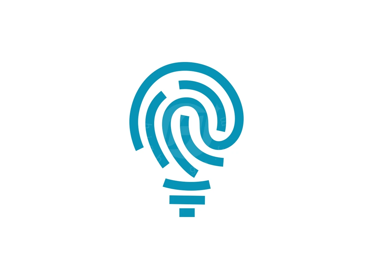 Simple Smart Lamp Or Fingerprint Lamp Logo, Fingerprint ridges formed from teal lines outline a lightbulb silhouette against a solid white background.