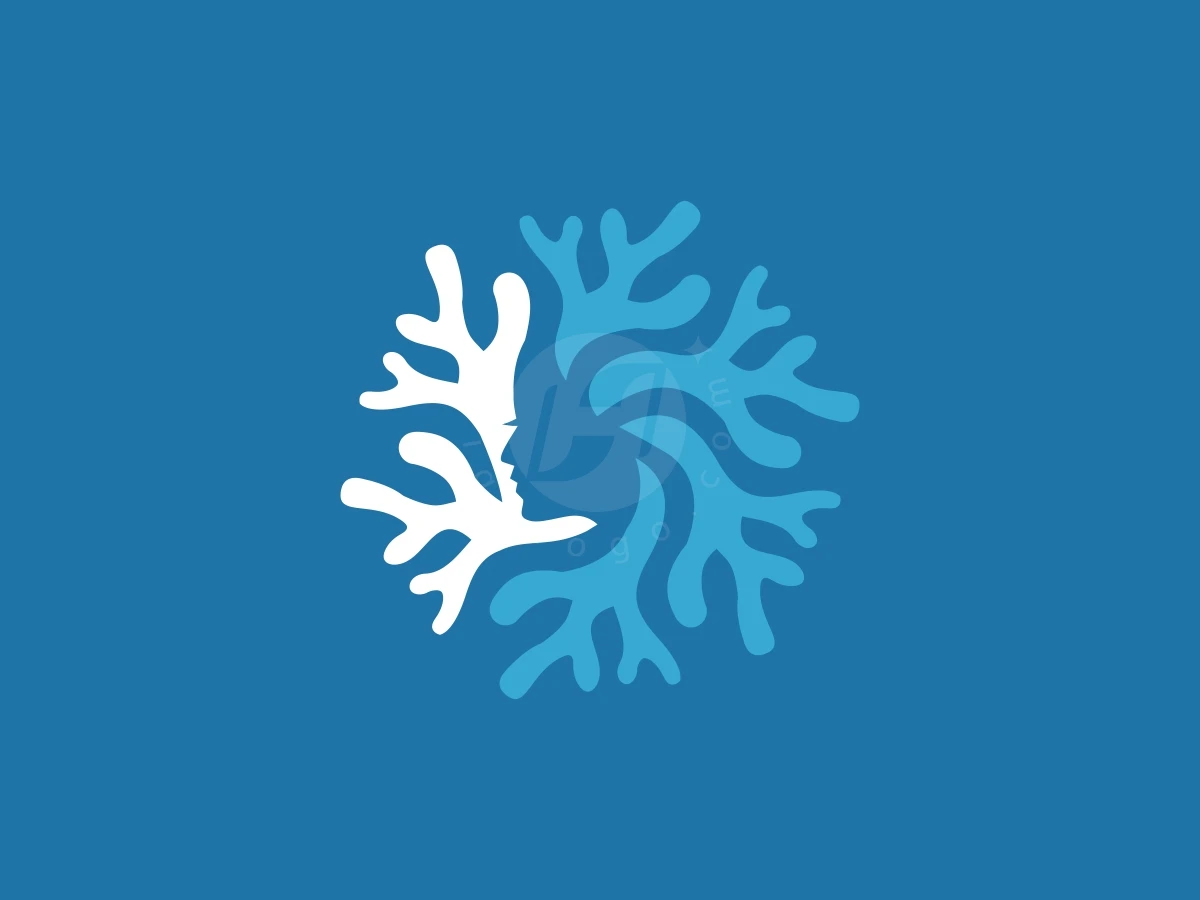 Simple Coral Reef Woman Or Coral Medusa Logo, Coral branches in white and light blue swirl into a circle, shaping a woman's profile on solid blue.