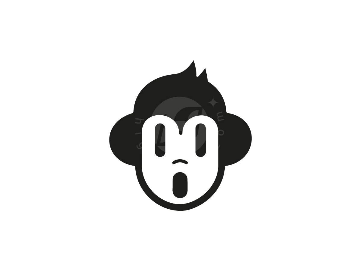 Surprised Monkey Mascot, Surprised monkey face in black and white features large oval eyes, rounded ears, and a small open mouth.