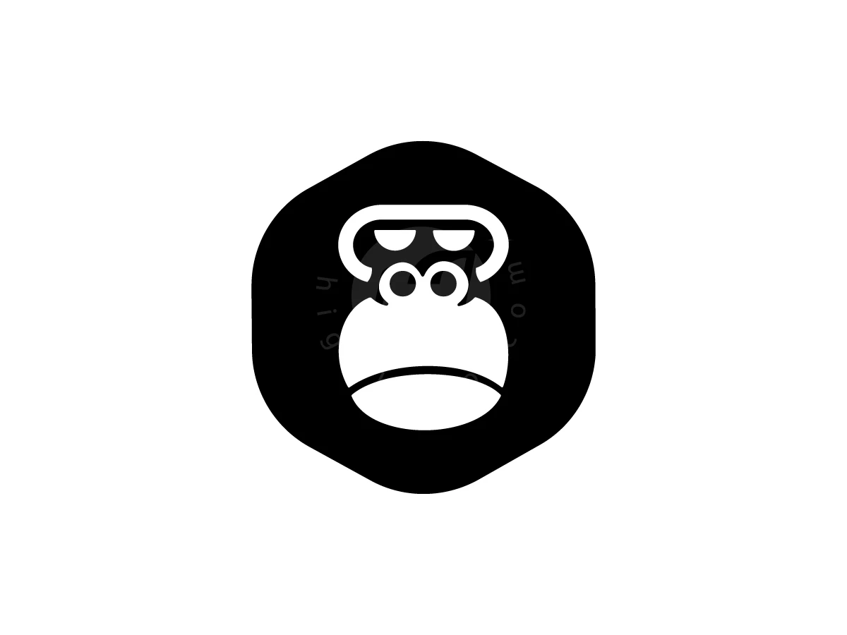 Logo Gorilla, Gorilla face illustration in white, framed within a black rounded hexagon on a solid white background.