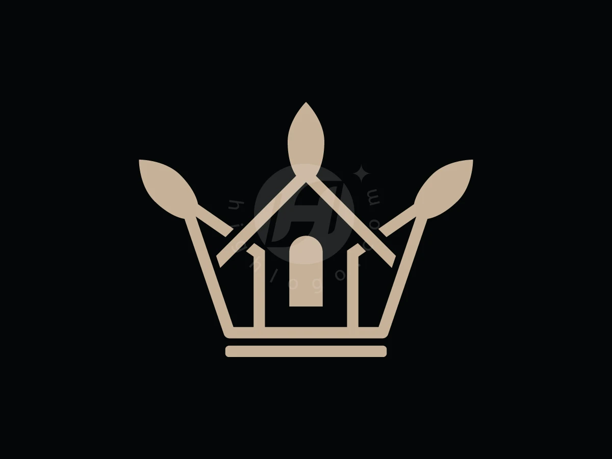 Beige crown logo for Green House King, merging a house silhouette and leaf shapes on a black background.