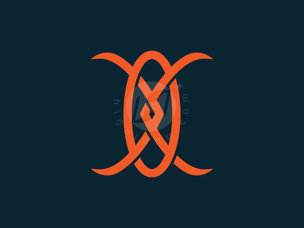 Interlocking orange X and O letters form a stylized monogram logo on a dark navy background.