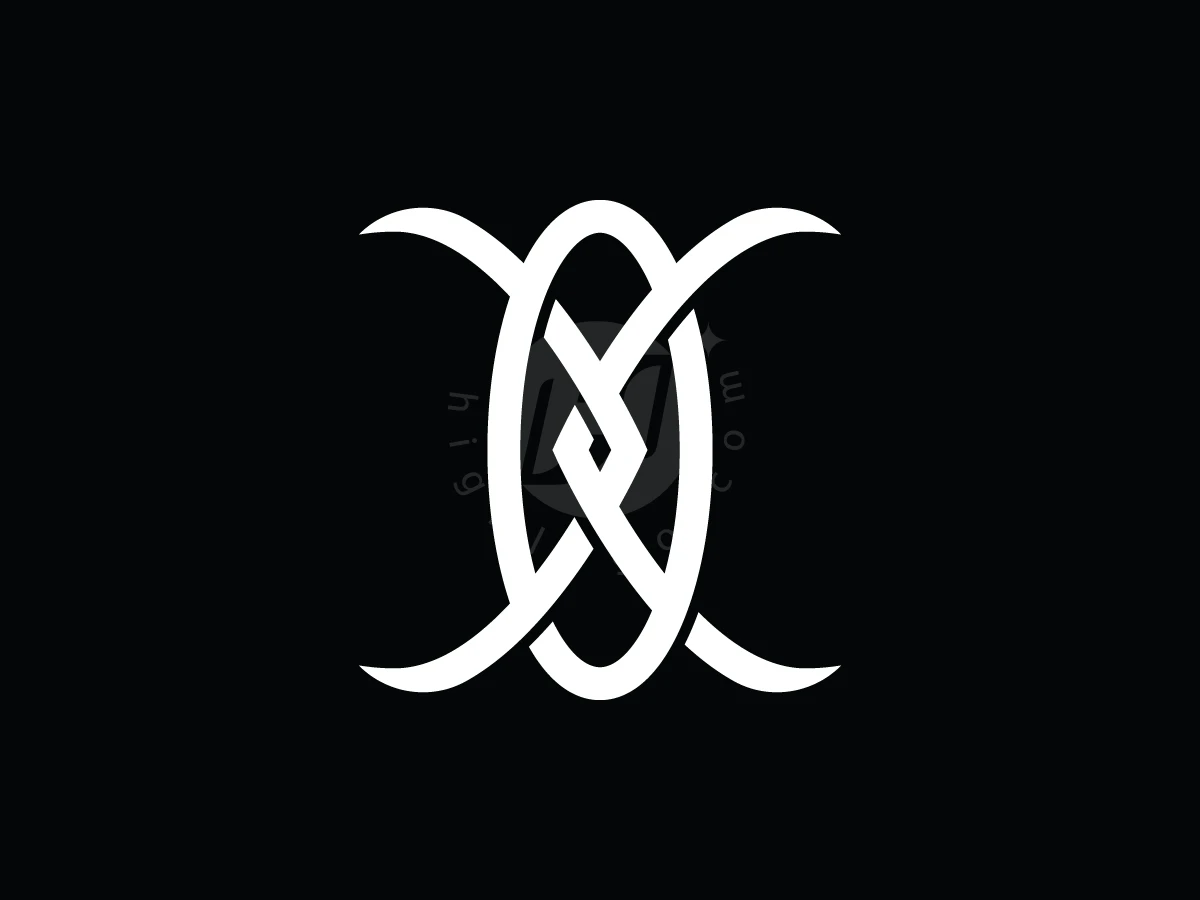 Interlocking white lines form a symmetrical XO or OX monogram logo against a solid black background.