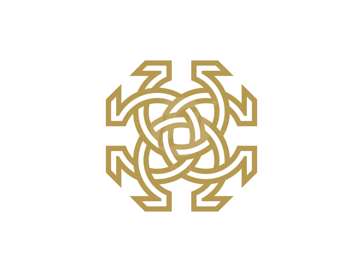 Gold interlocking Omega symbols create a symmetrical geometric flower logo on a clean white background.