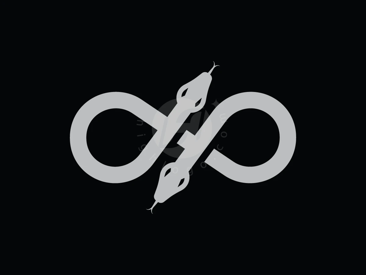 Snakes intertwine to form a light gray infinity symbol in this minimalist Snake Infinity logo on a black background.