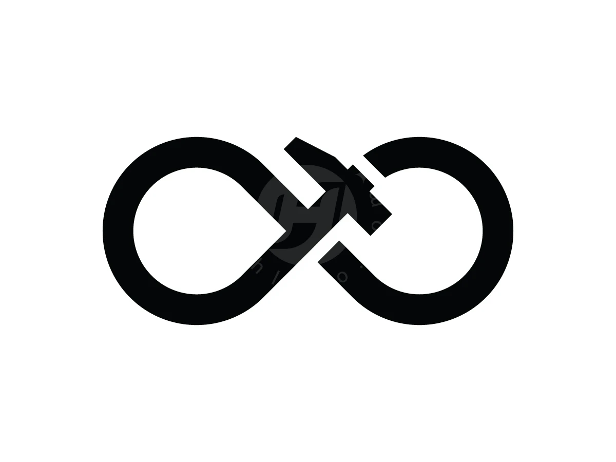 Hammer and infinity symbols merge to form a sleek black logo icon centered on a clean white background.
