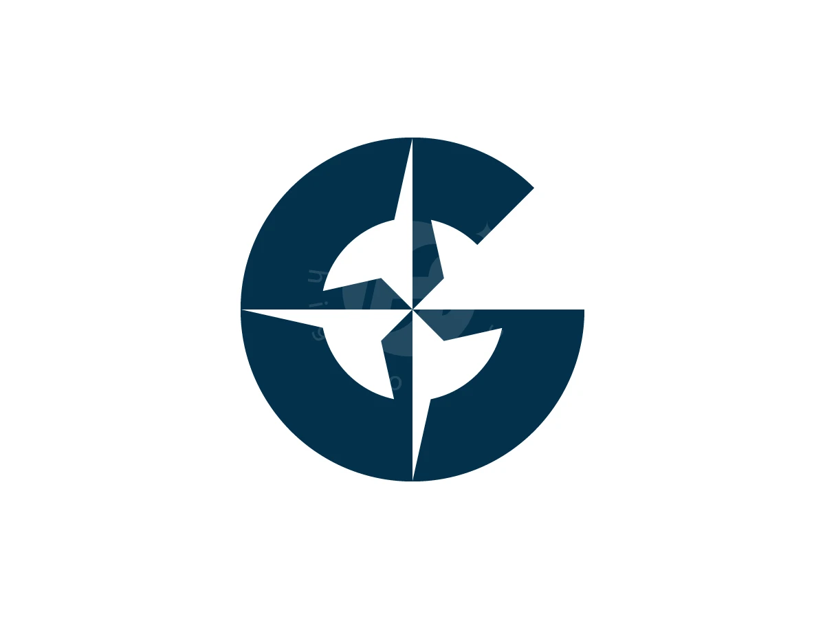 Circular navy blue logo merges a letter G with a four-pointed compass rose using negative space.