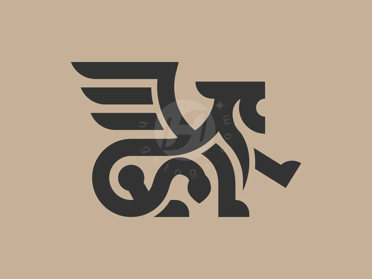 Against a tan background, black geometric lines form a stylized winged lion logo with sharp wings.