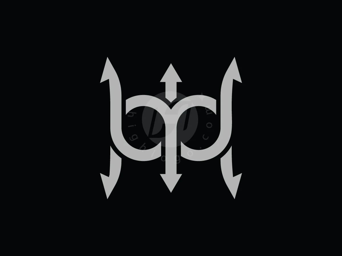 Letters Mw and Wm merge into a symmetrical silver trident logo with arrowheads on a black background.