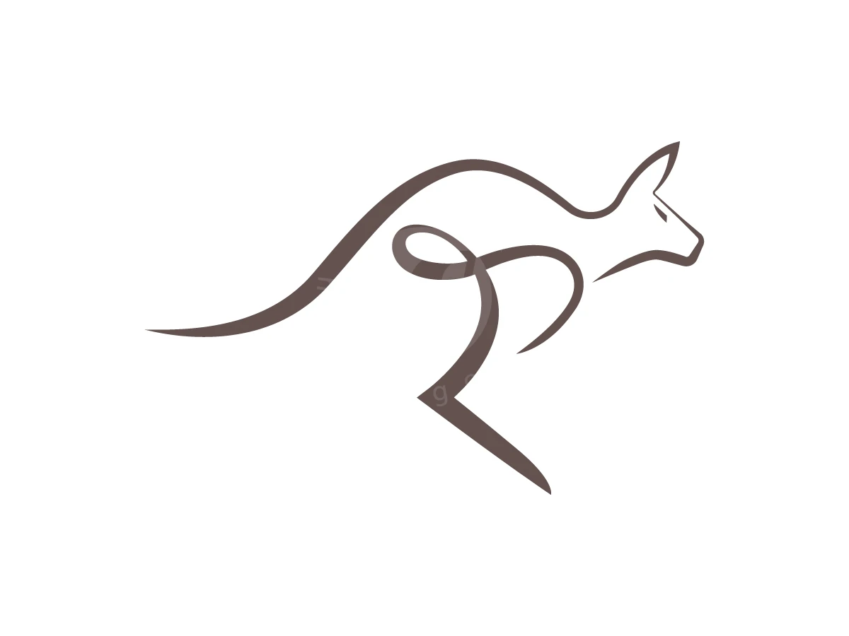 Flowing brown lines create a stylized kangaroo logo, illustrating movement through elegant, minimalist curves on a white background.