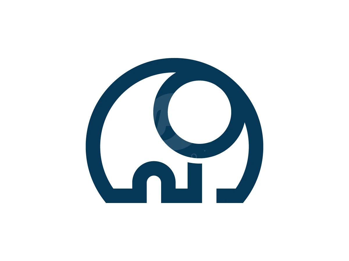 Navy blue circular lines form a geometric elephant silhouette in this minimalist logo on a white background.