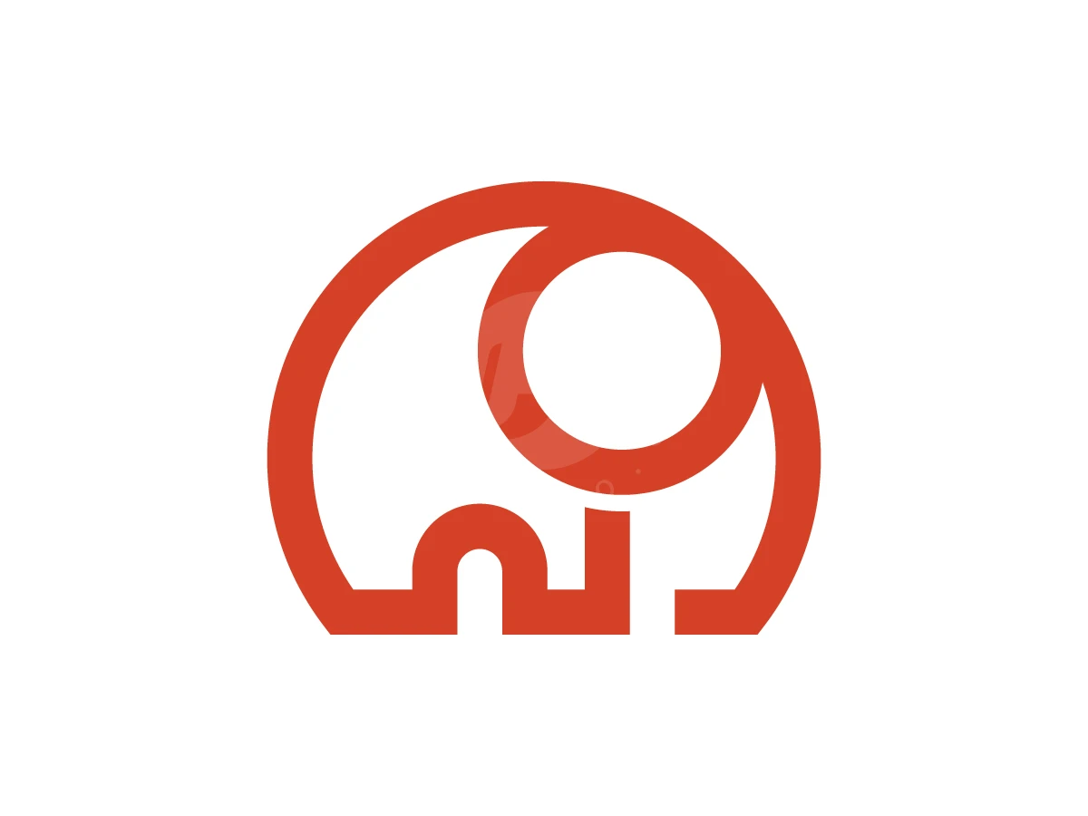 Burnt orange geometric outlines form a stylized elephant logo with circular curves and blocky legs on white.