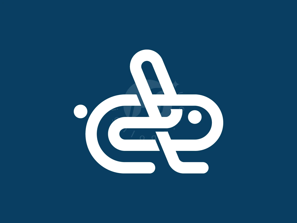 Intertwining white lines form a minimalist rabbit logo with circular accents on a dark blue background.
