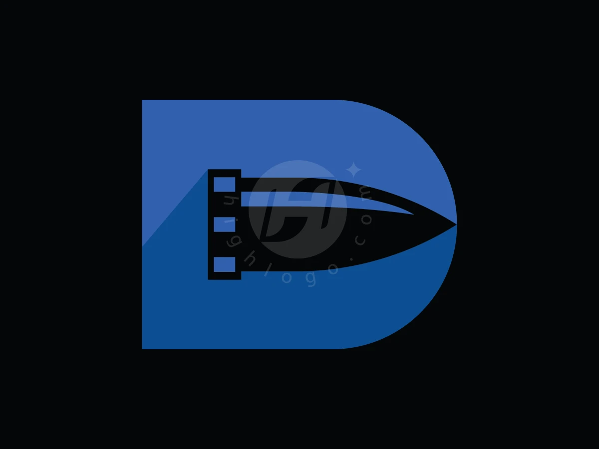 Letter D Bullet Logo, Letter D in blue contains a black rocket silhouette pointing right, set against a solid black background.