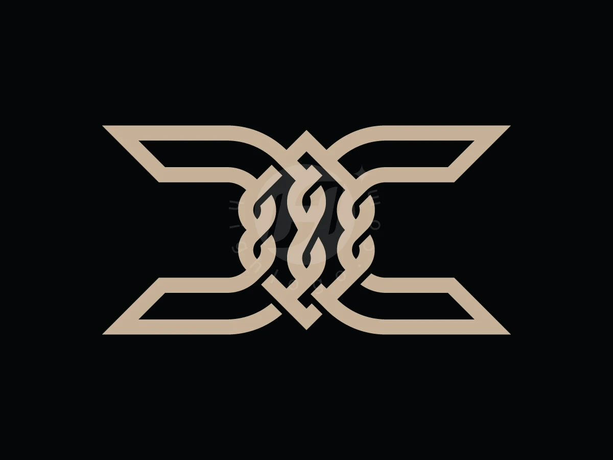 Cc Or H Knot Logo, Interlocking beige geometric lines weave into a symmetrical Celtic-style knot design centered on a solid black background.