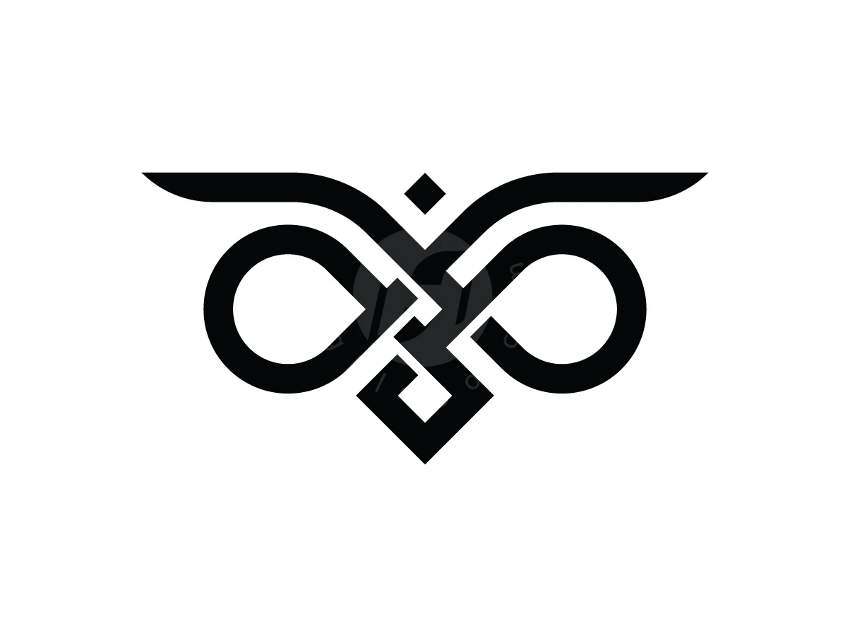 Premium Infinity Owl Logo, Interlocking black geometric lines form a stylized owl face with circular loop eyes and diamond accents on white.