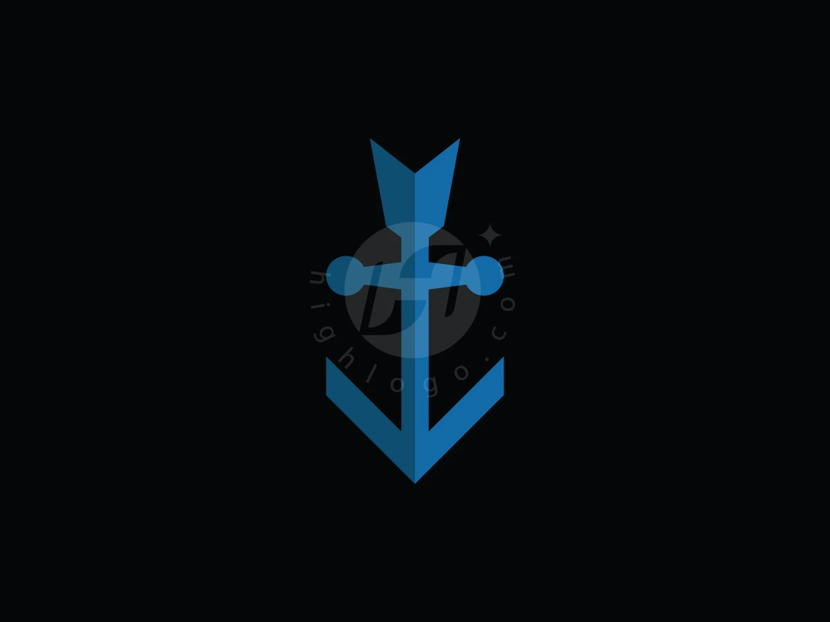 Anchor Arrow Logo, Centrally positioned against black, a two-toned blue anchor and sword hybrid forms a sharp, geometric symbol.