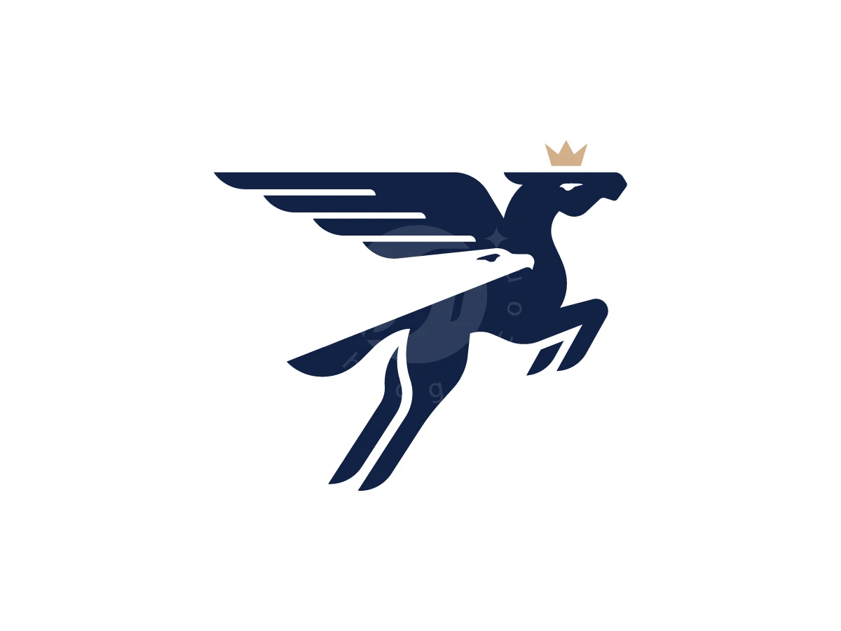 Pegasus and eagle silhouettes in navy and white are crowned in gold in this elegant brand logo.