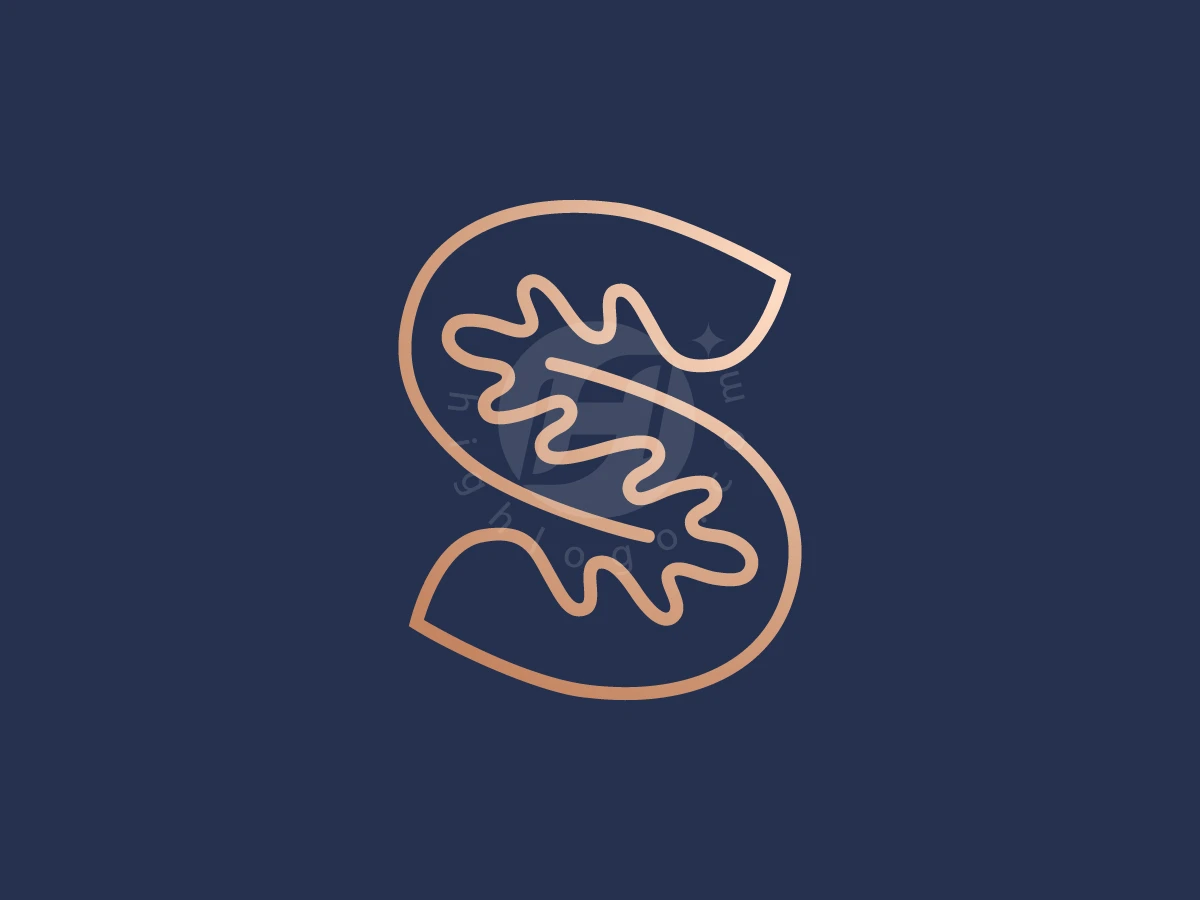 Rose gold lines integrate an oak leaf into a letter S logo against a navy blue background.