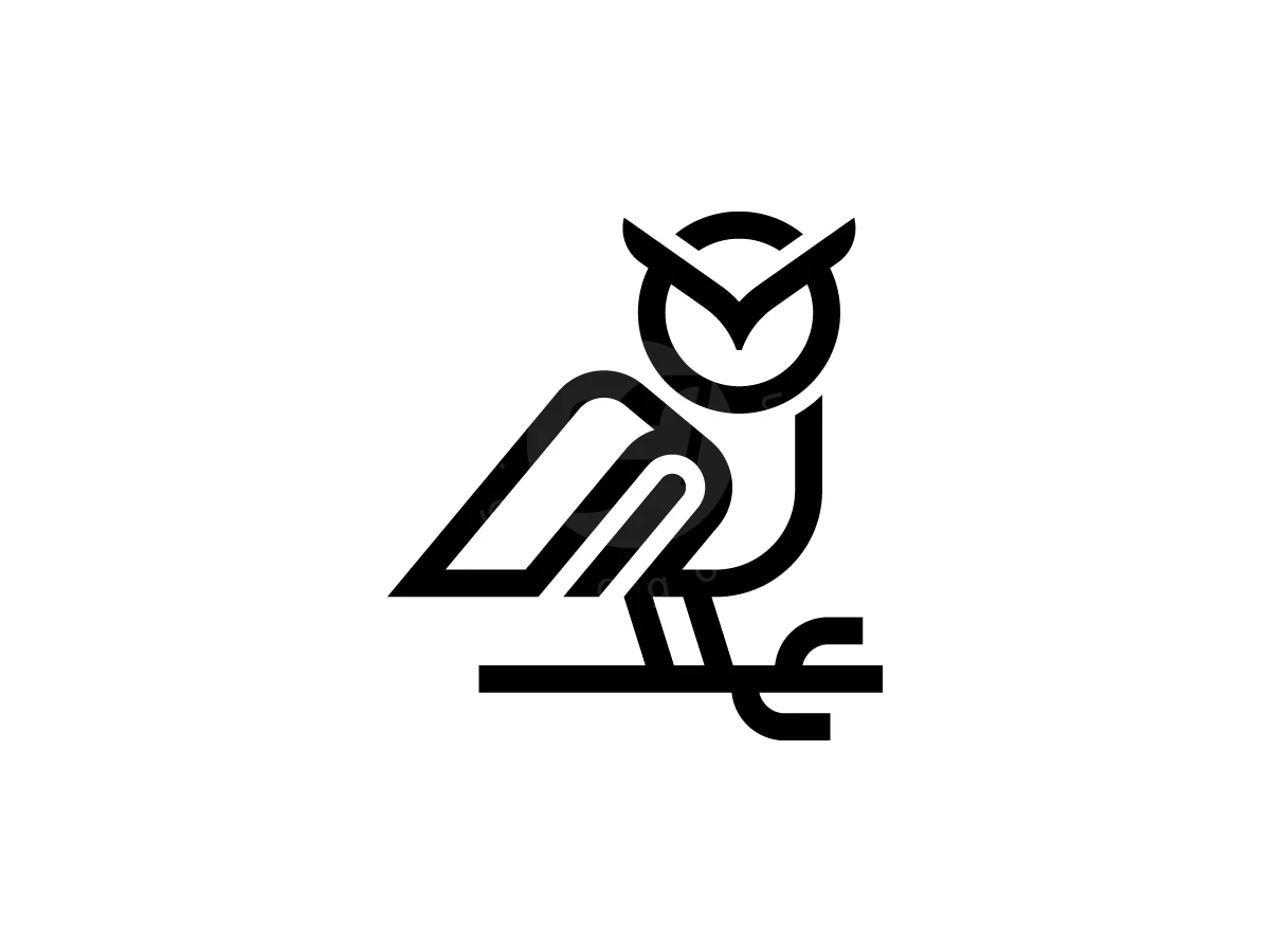 Using black lines, this owl logo depicts a geometric bird perched on a branch with book-like wings.