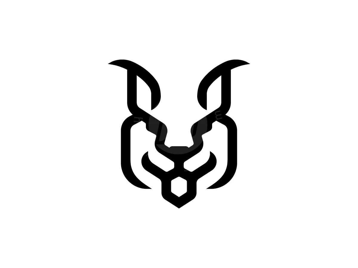 Minimal Unique Lynx Face Logo, Black graphic lines form a stylized, symmetrical animal face resembling a lynx against a plain white background.