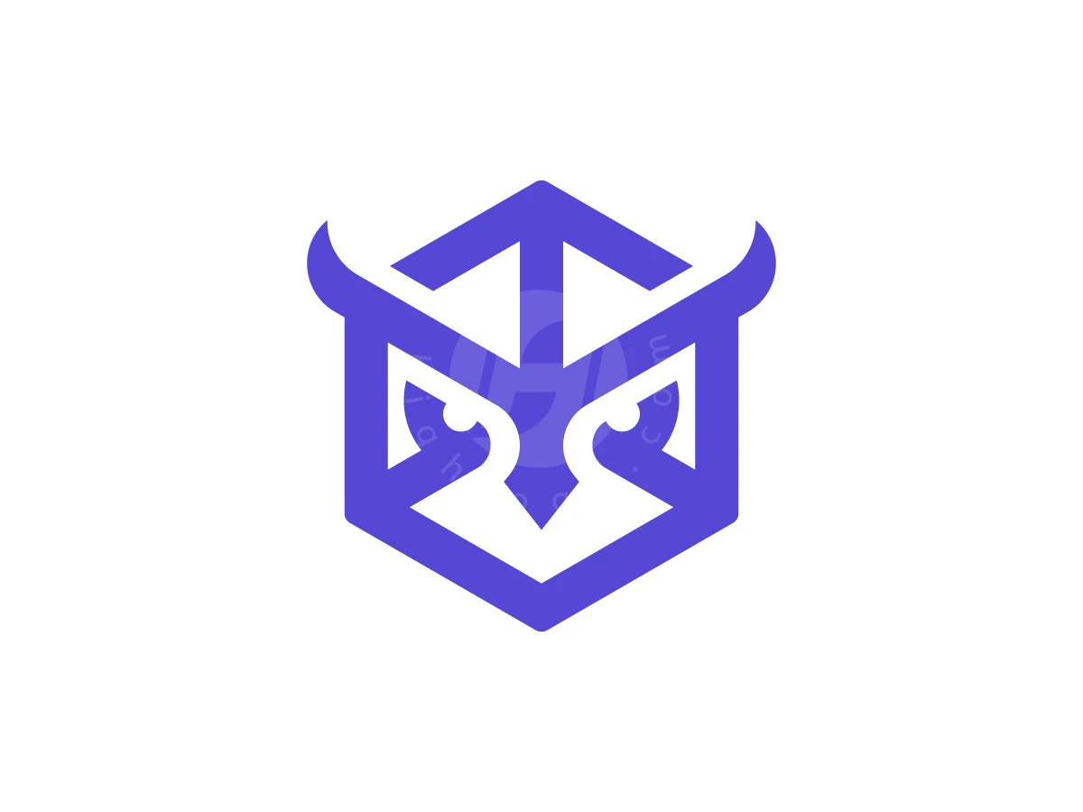 Modern Cube Owl Bird Logo, Purple geometric lines construct a stylized owl face inside a hexagonal frame against a solid white background.