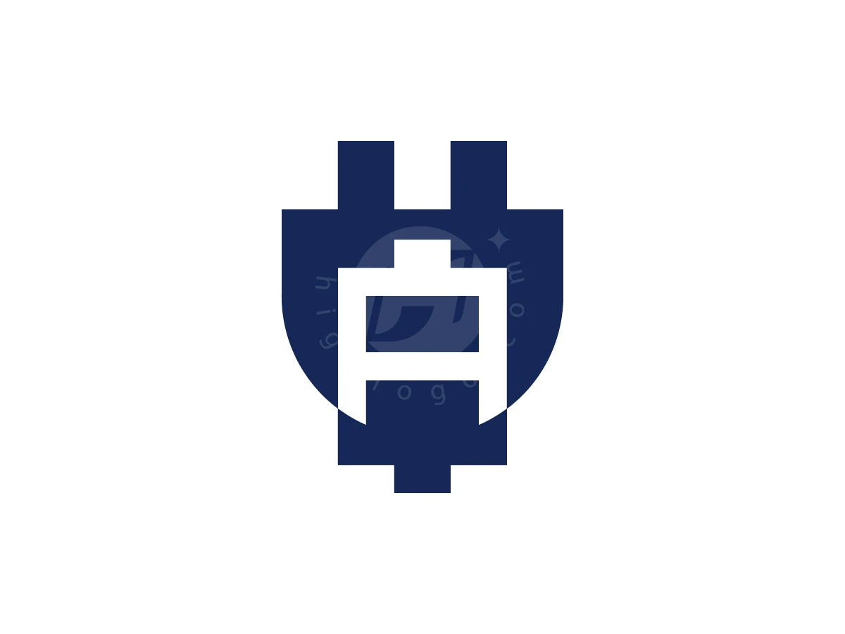 Plug silhouette in navy blue featuring a white battery symbol in negative space for this energy logo.
