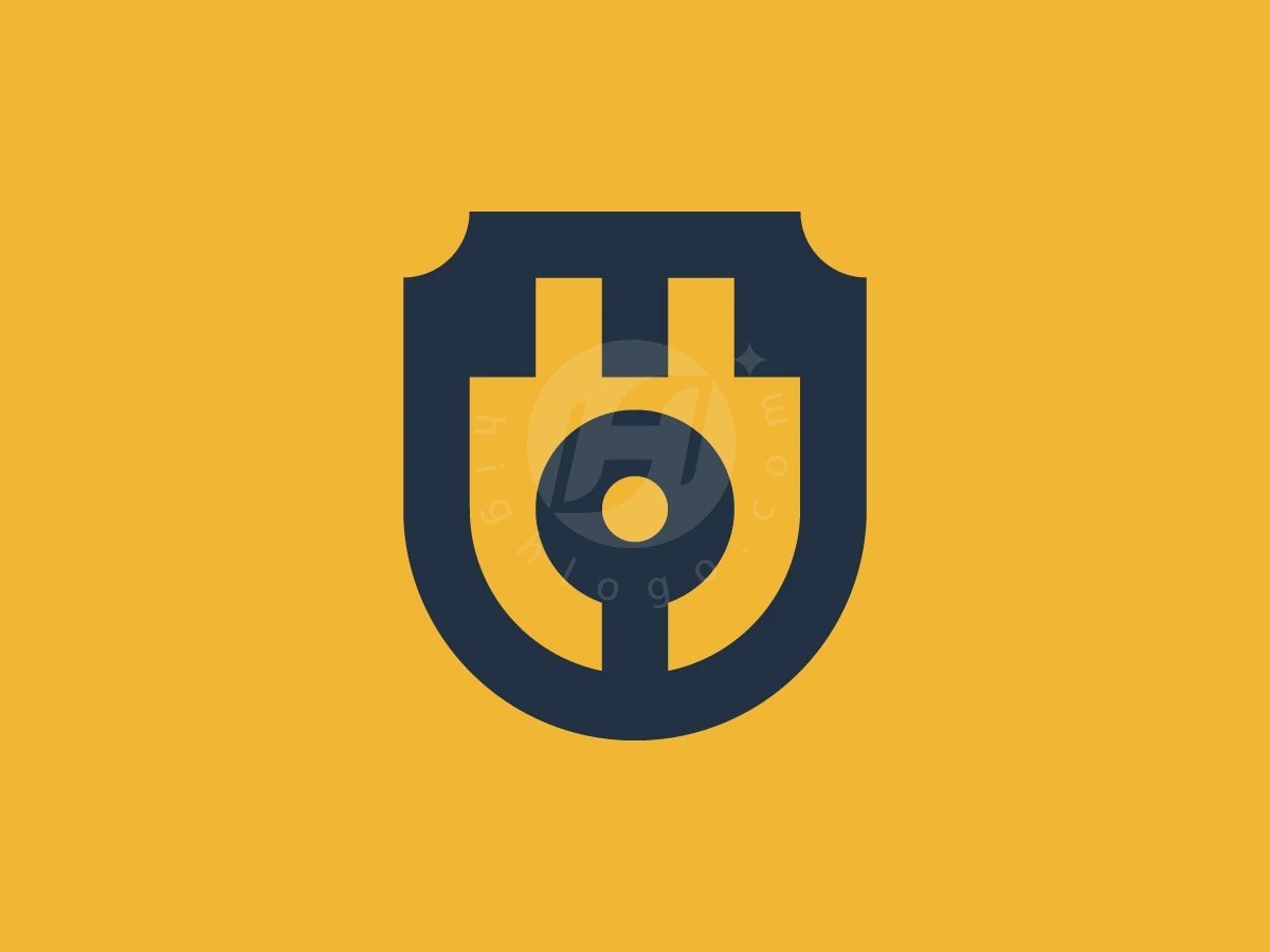Against a yellow background, this logo features a dark blue shield containing a stylized electrical plug symbol.