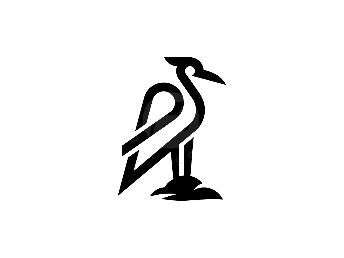 Stork silhouette formed by bold black lines stands on a rock in this minimalist brand logo.