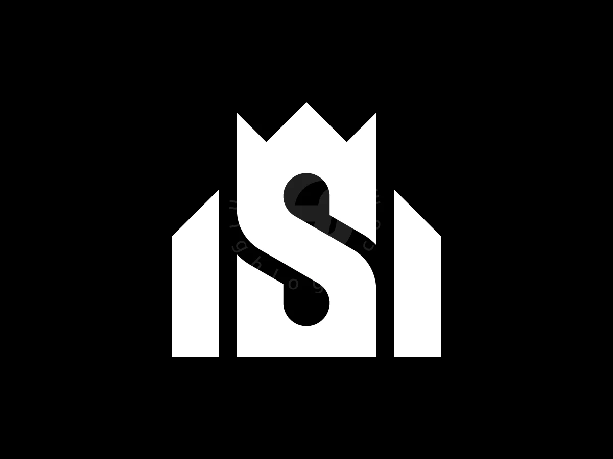 Integrating a crown and property silhouette, this white letter S logo stands out against a black background.