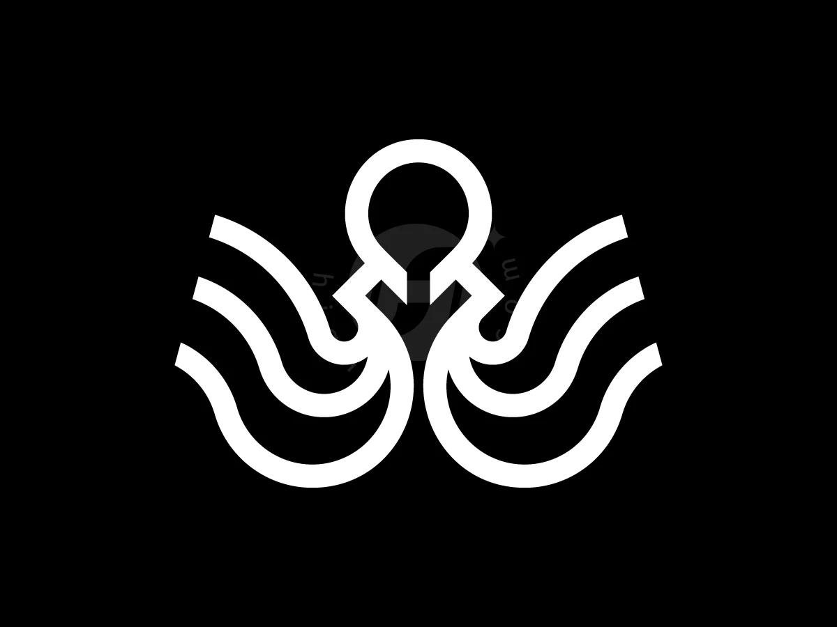 Symmetry defines this luxury sea octopus mark logo, featuring white wavy lines on a solid black background.