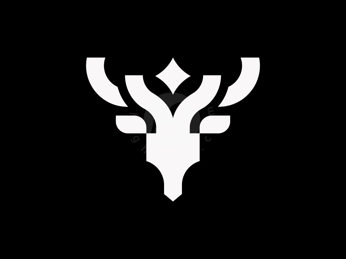 White geometric deer head logo mark features a central star between stylized antlers on a black background.