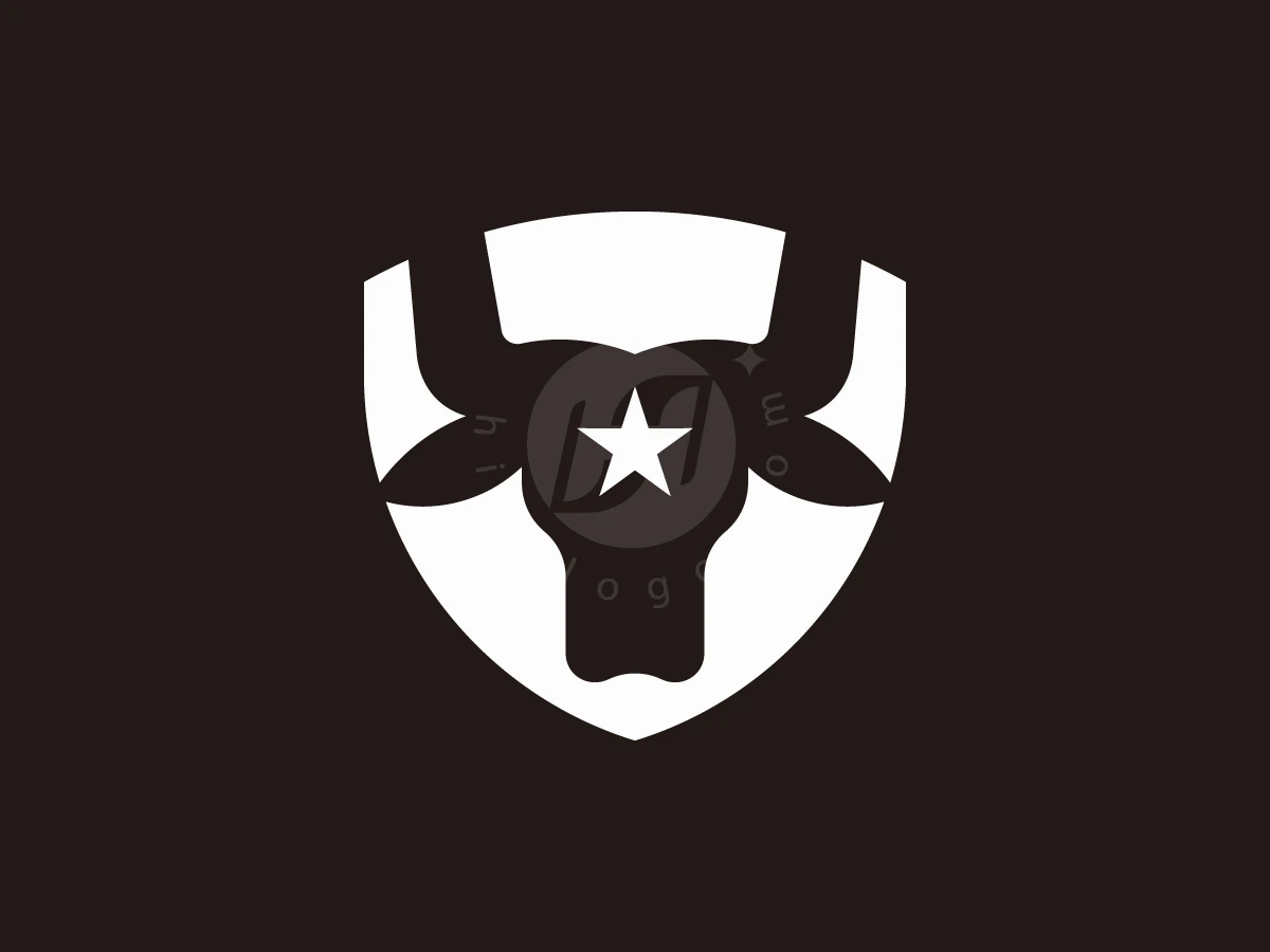 Featuring a black bull head and white star inside a shield, this minimalist black and white logo includes typography.