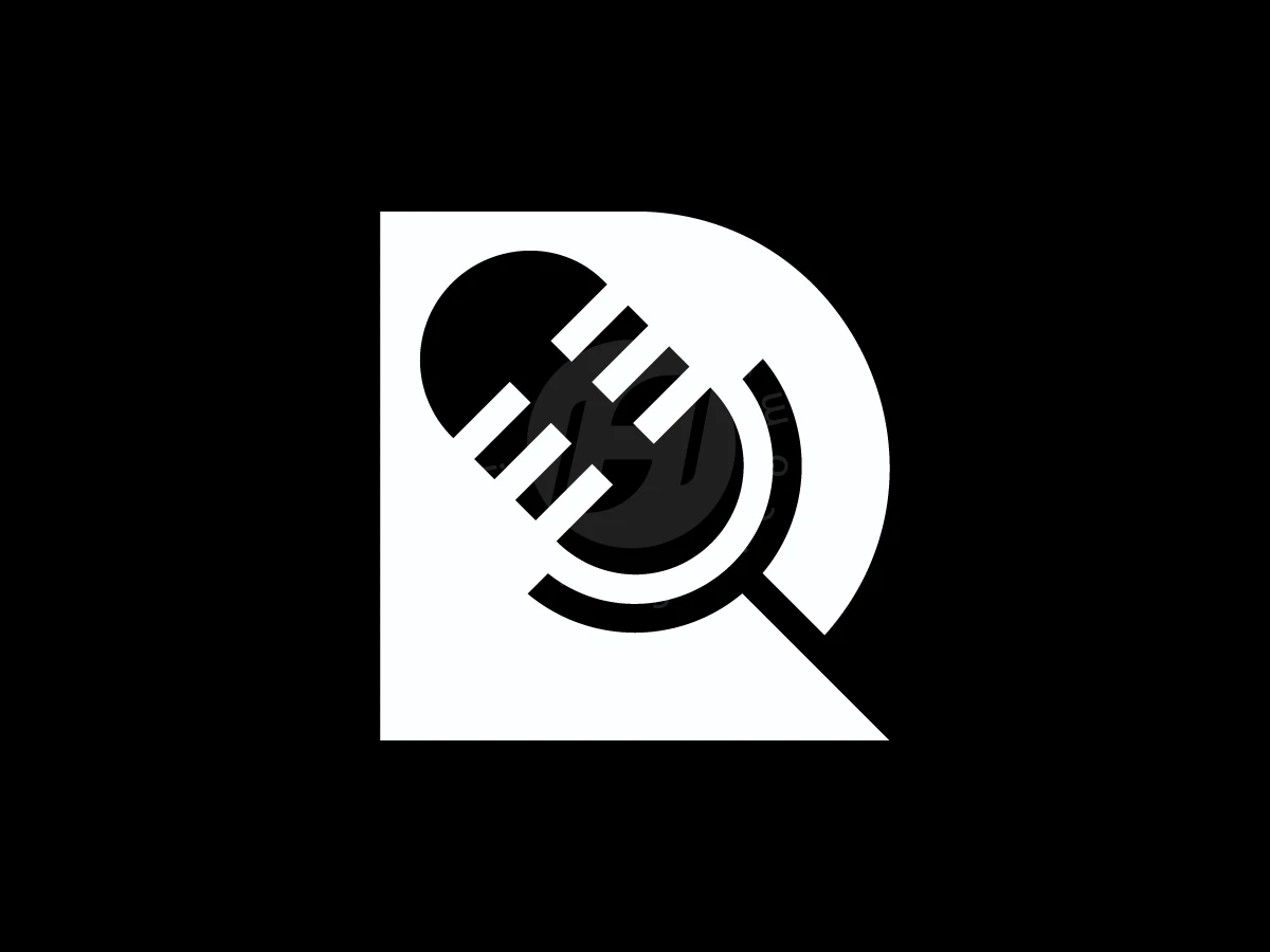 Microphone icon integrated within a stylized white letter R forms a bold podcast logo on a black background.
