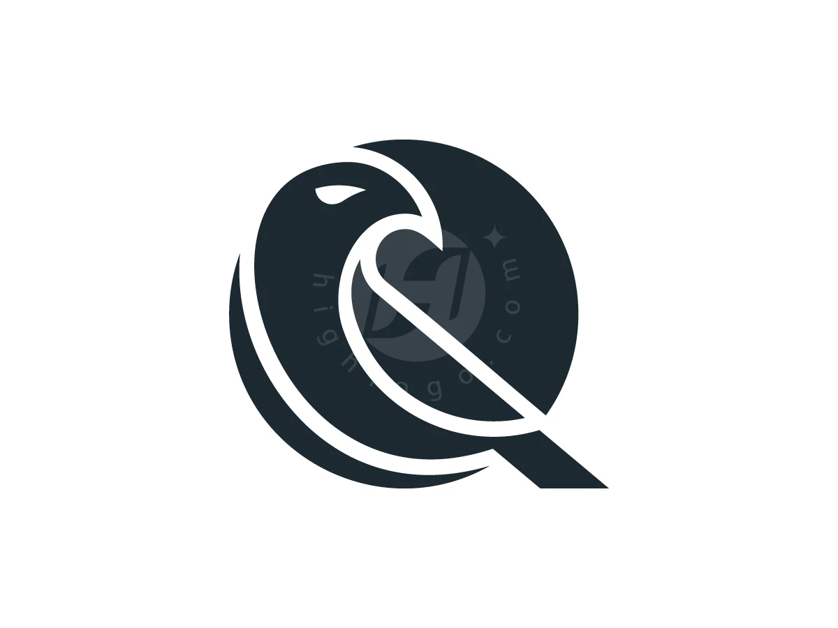 Negative space forms an eagle head within a circular black Q letter logo on a white background.