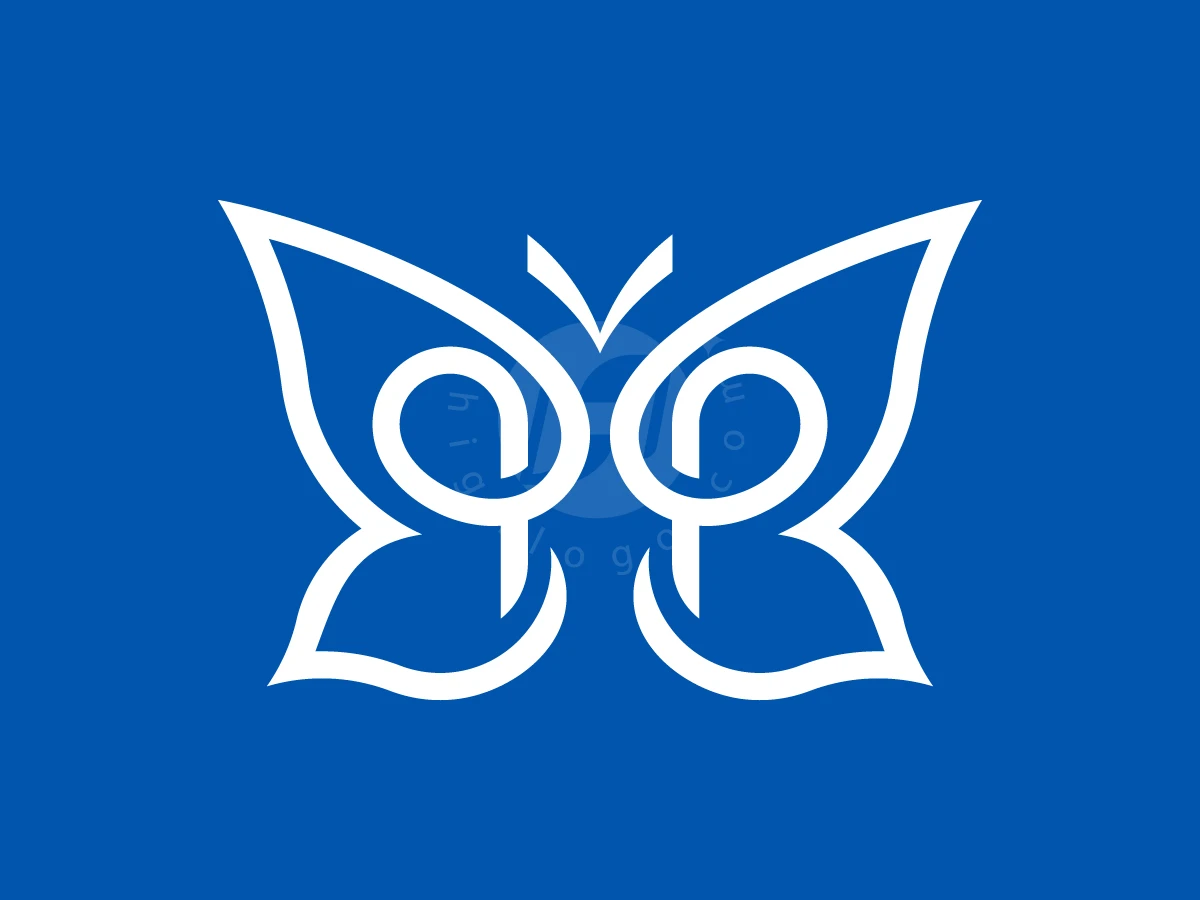 Letter P outlines form a mirrored white butterfly logo centered on a solid blue background.